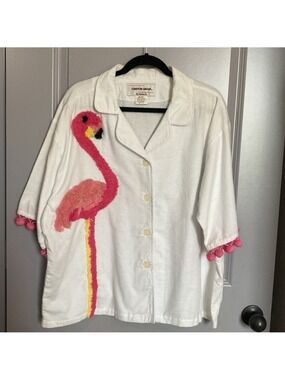 NWOT-White Flamingo Embroidered Button Down Shirt